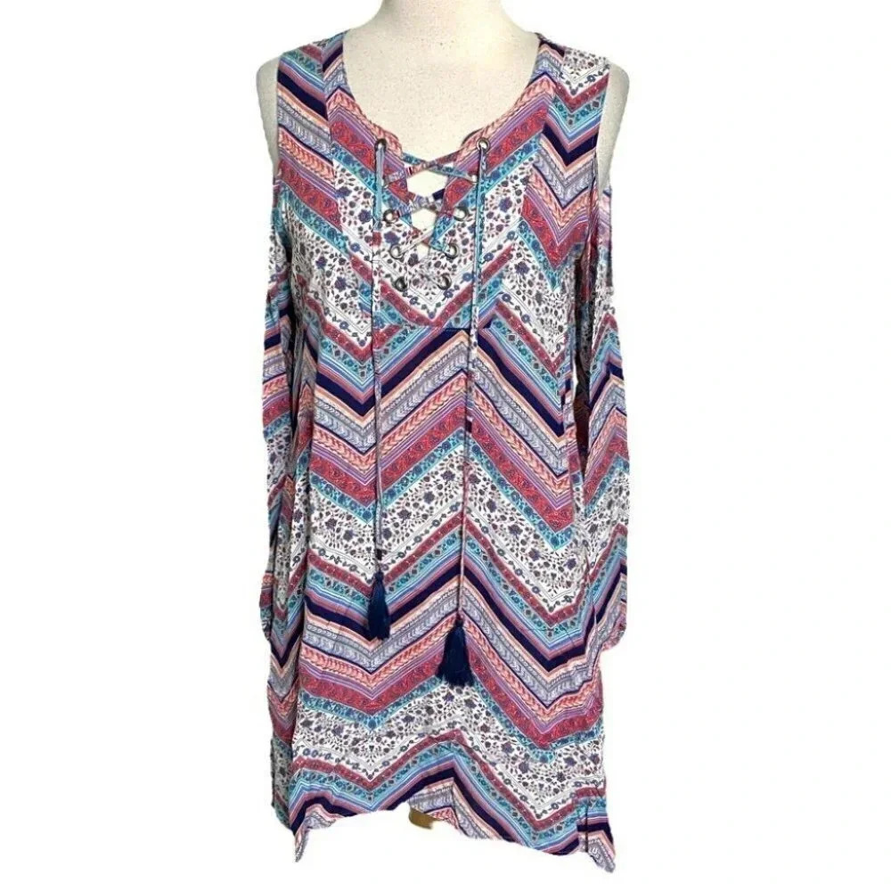 no comment M pink blue floral chevron print cold shoulder boho dress
